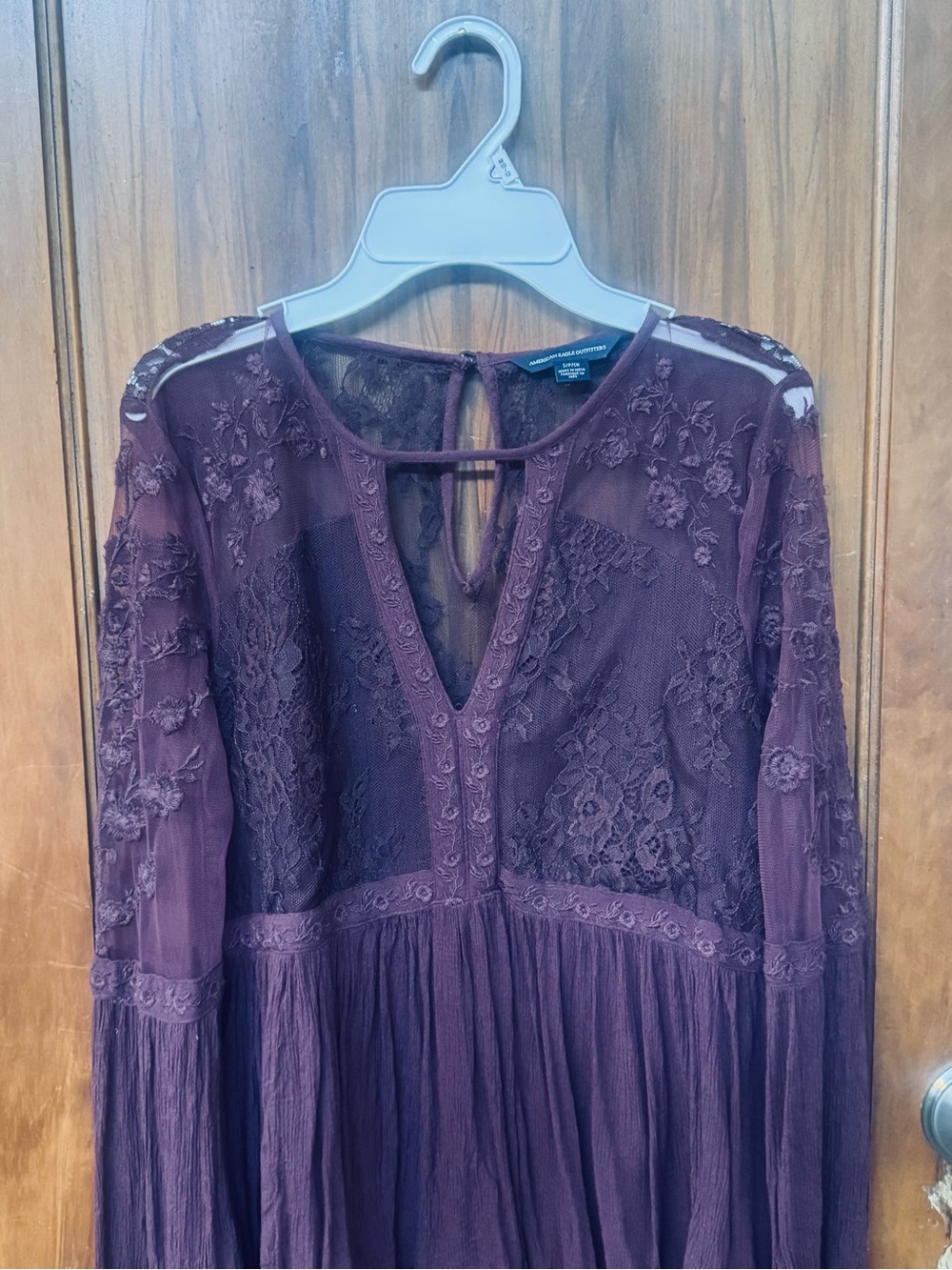 American Eagle Outfitters Burgundy Lace Peasant Blouse Ruffles, Babydoll, S - Picture 3 of 9